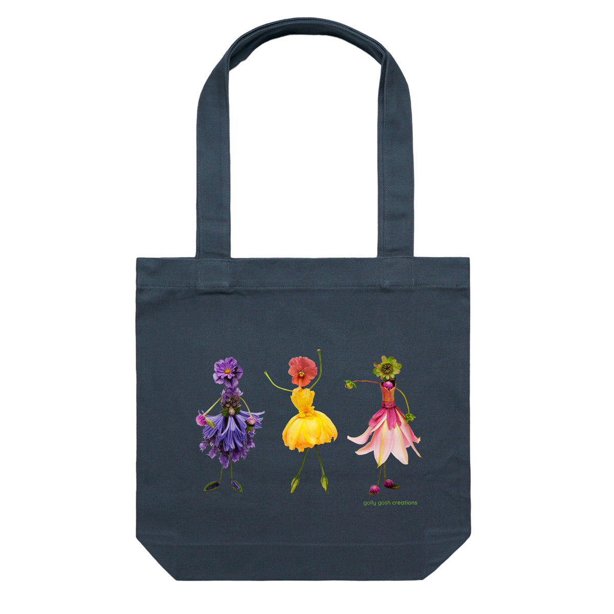 A flower girls cotton canvas tote bag from Golly Gosh Creations. Handcrafted from dainty fresh flowers. Colour dark blue.