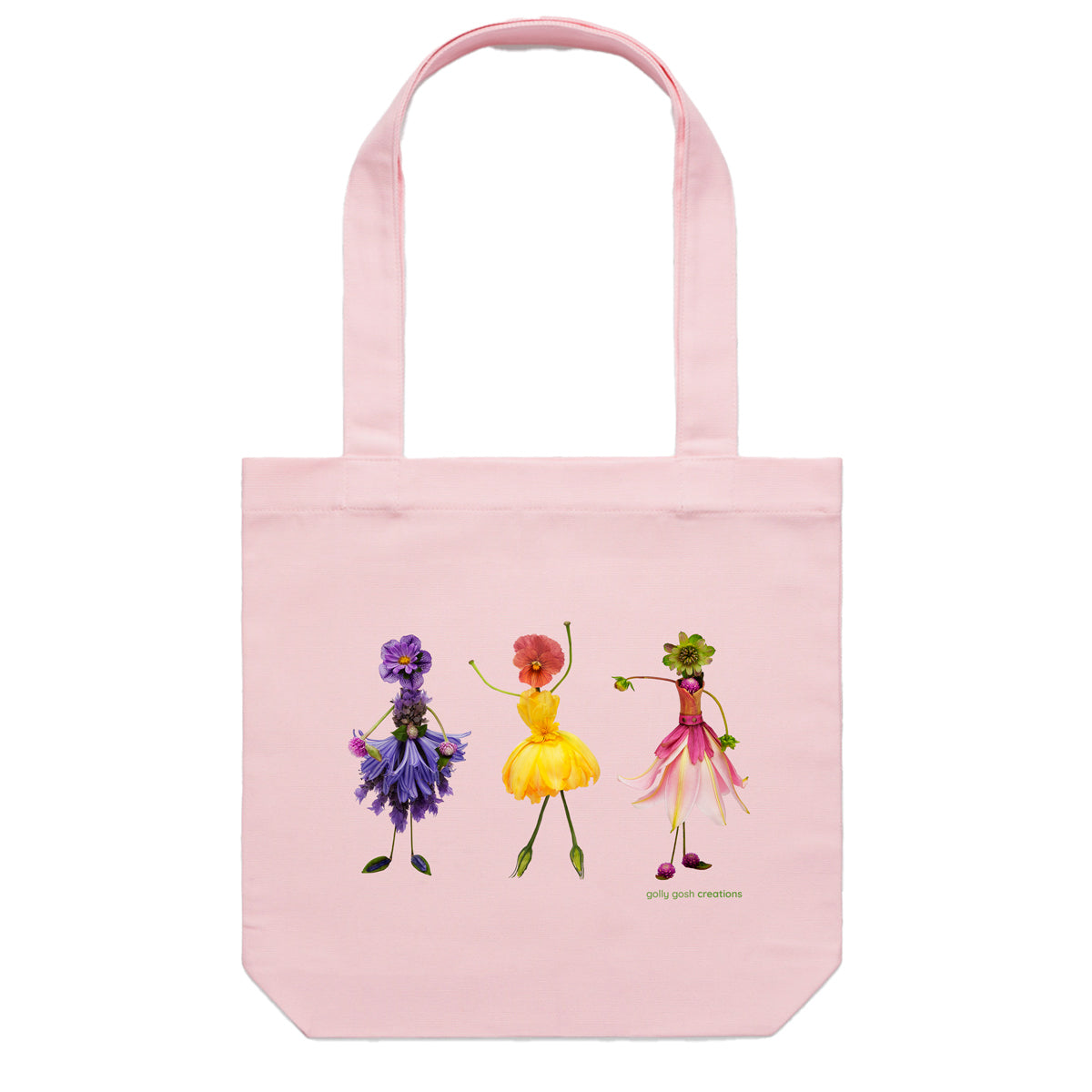 A flower girls cotton canvas tote bag from Golly Gosh Creations. Handcrafted from dainty fresh flowers. Colour pink.