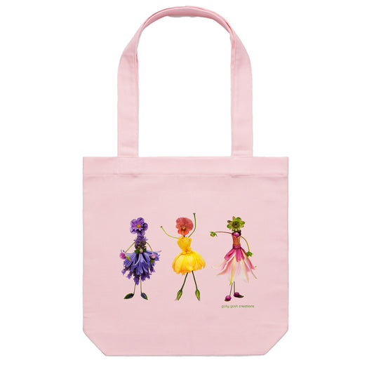 A flower girls cotton canvas tote bag from Golly Gosh Creations. Handcrafted from dainty fresh flowers. Colour pink.