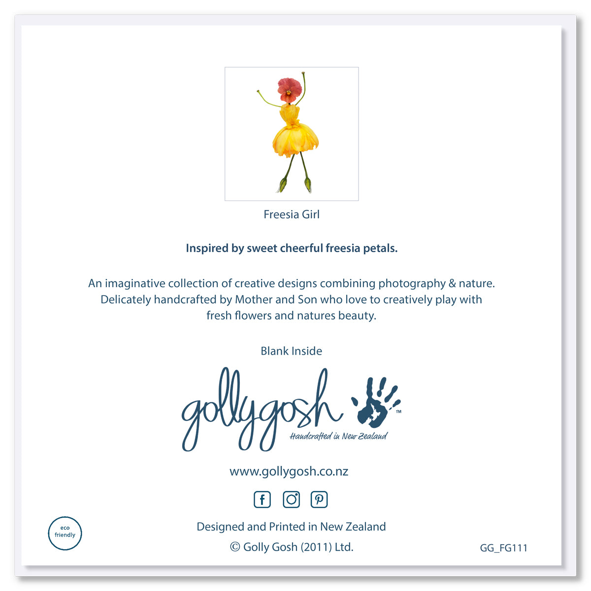 Back cover of a freesia girl greeting card from Golly Gosh Creations. This is a quality square card created from yellow freesia blooms.