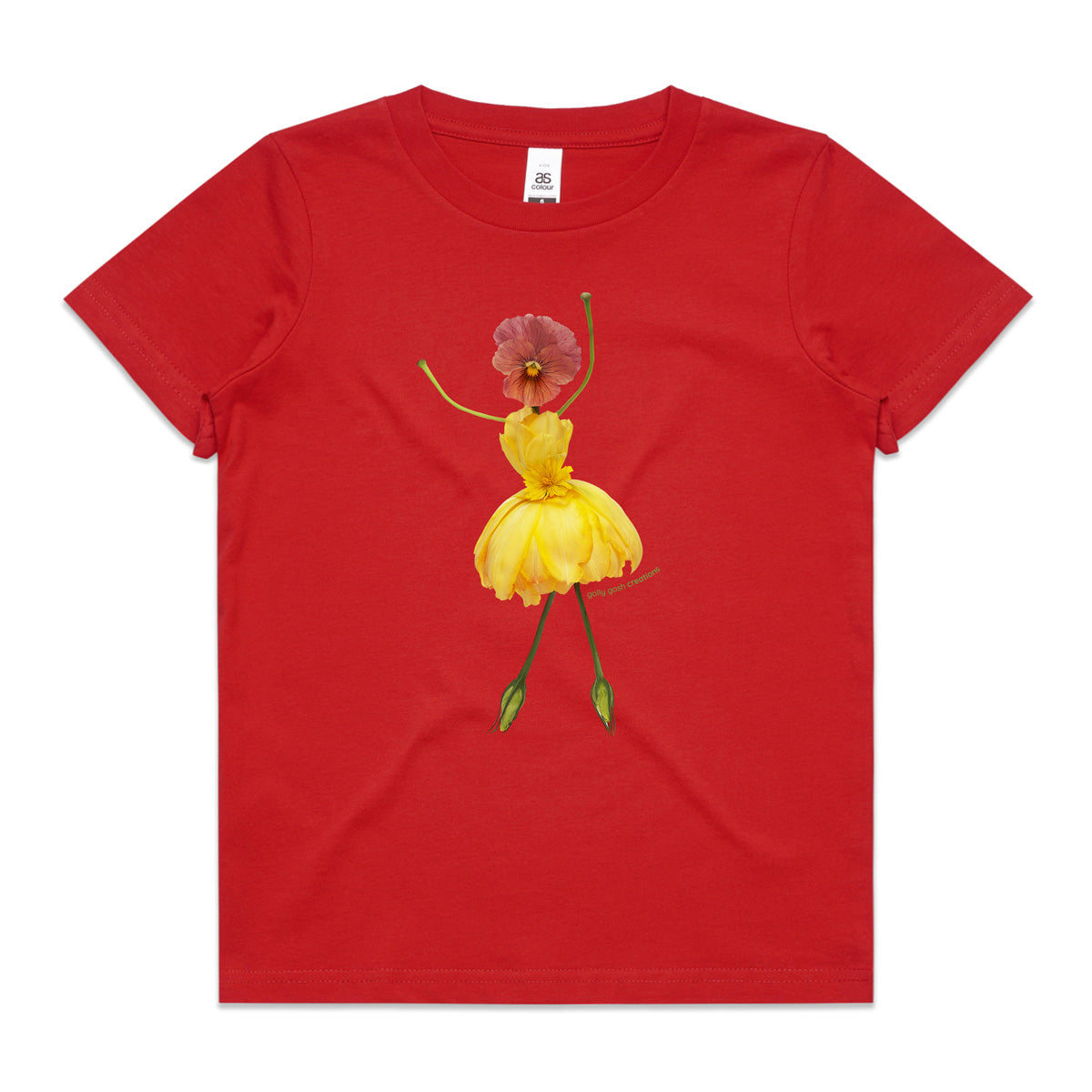 A freesia girl red kids tee shirt from Golly Gosh Creations. Size 2 - 16 years. Handcrafted from fresh yellow petals. A quality cotton garment.