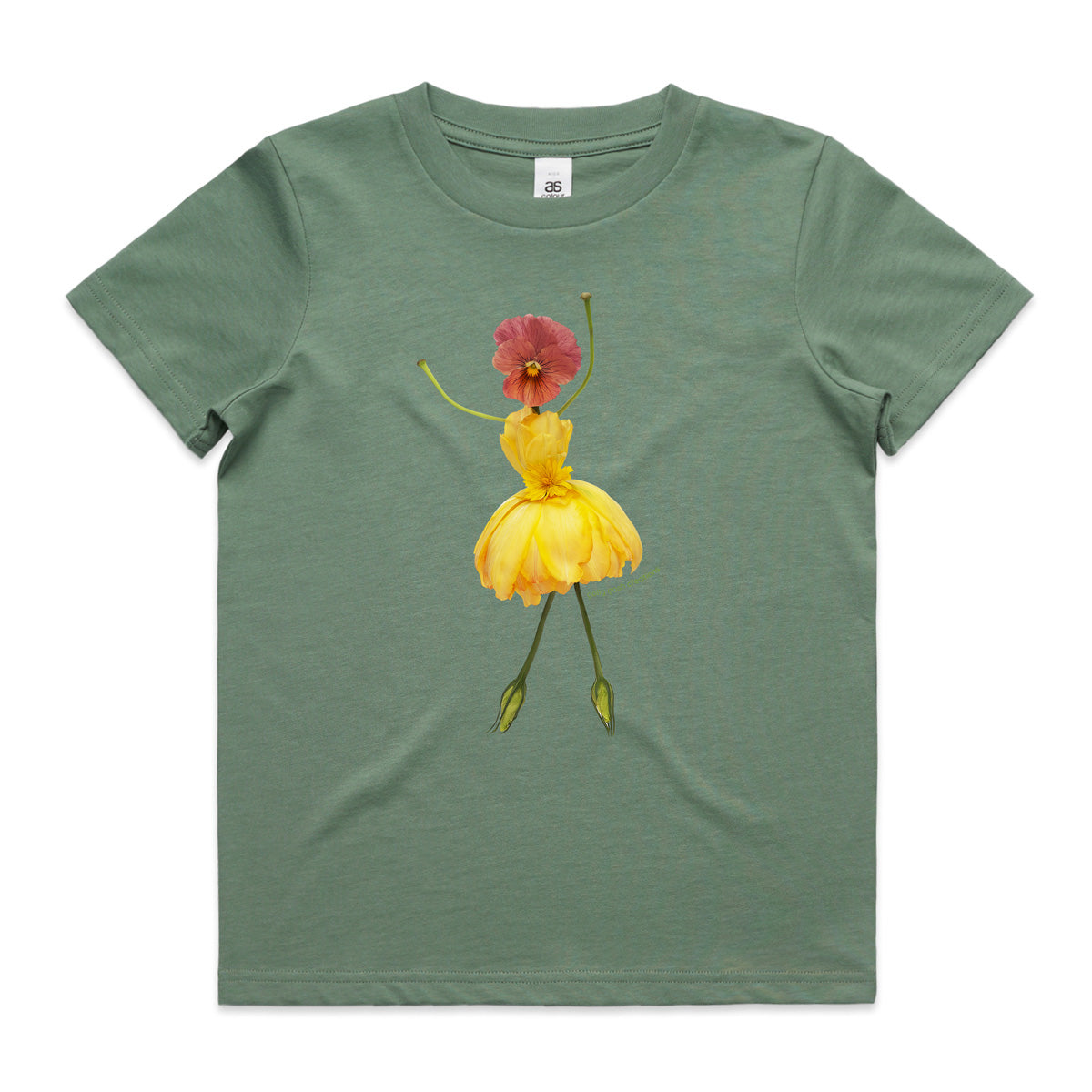 A freesia girl sage kids tee shirt from Golly Gosh Creations. Size 2 - 16 years. Handcrafted from fresh yellow petals. A quality cotton garment.