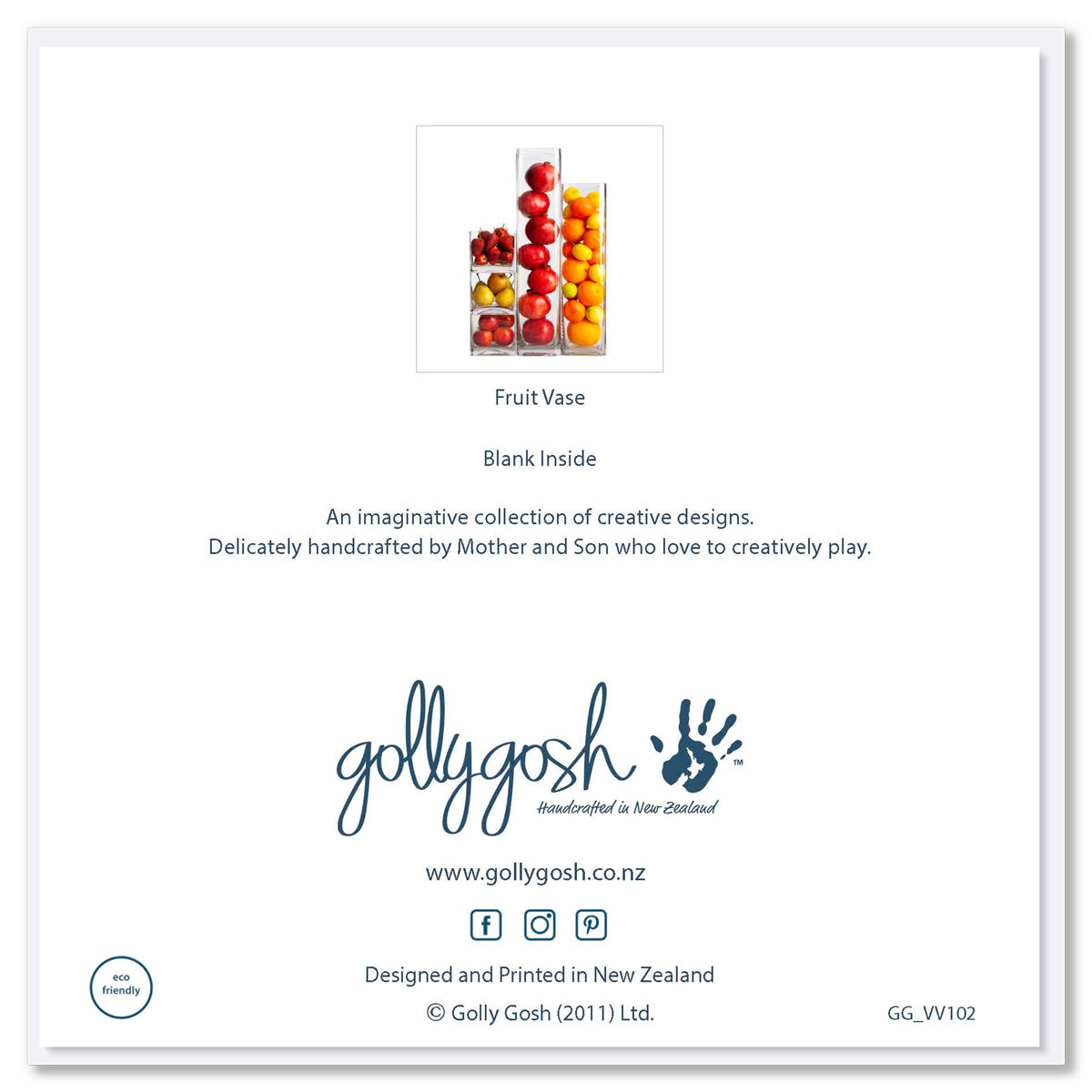 The back of a fruit vase greeting card from Golly Gosh Creations. A colourful arrangement of fresh fruit. Size 142 x 142 mm.