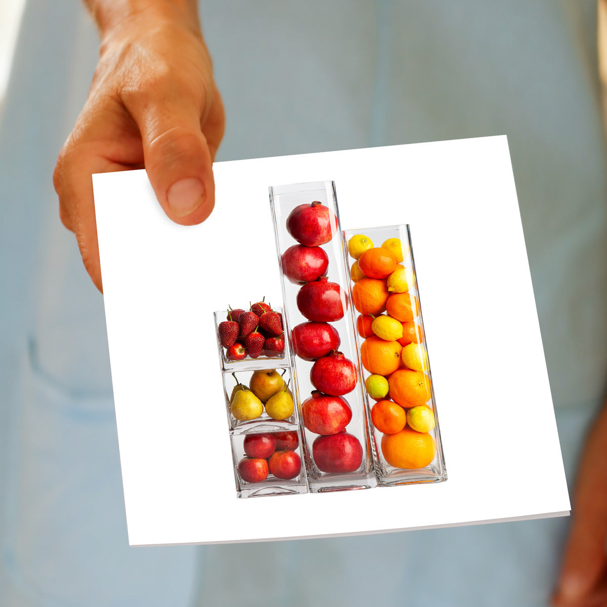 A hand held fruit vases greeting card found at Golly Gosh Creations. A quality square card.