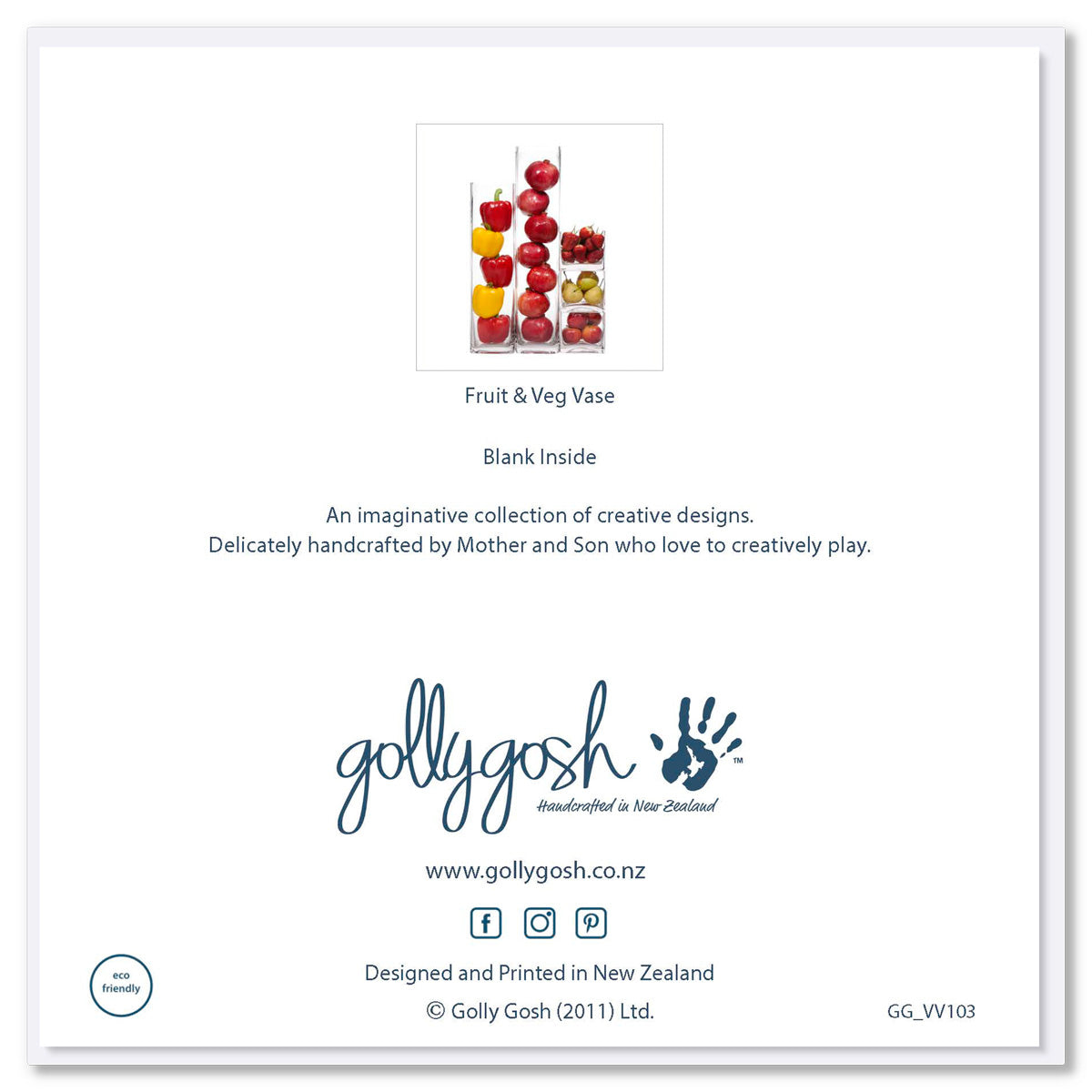 The back of a fruit and veg vase greeting card from Golly Gosh Creations. Size 142 x 142 mm.