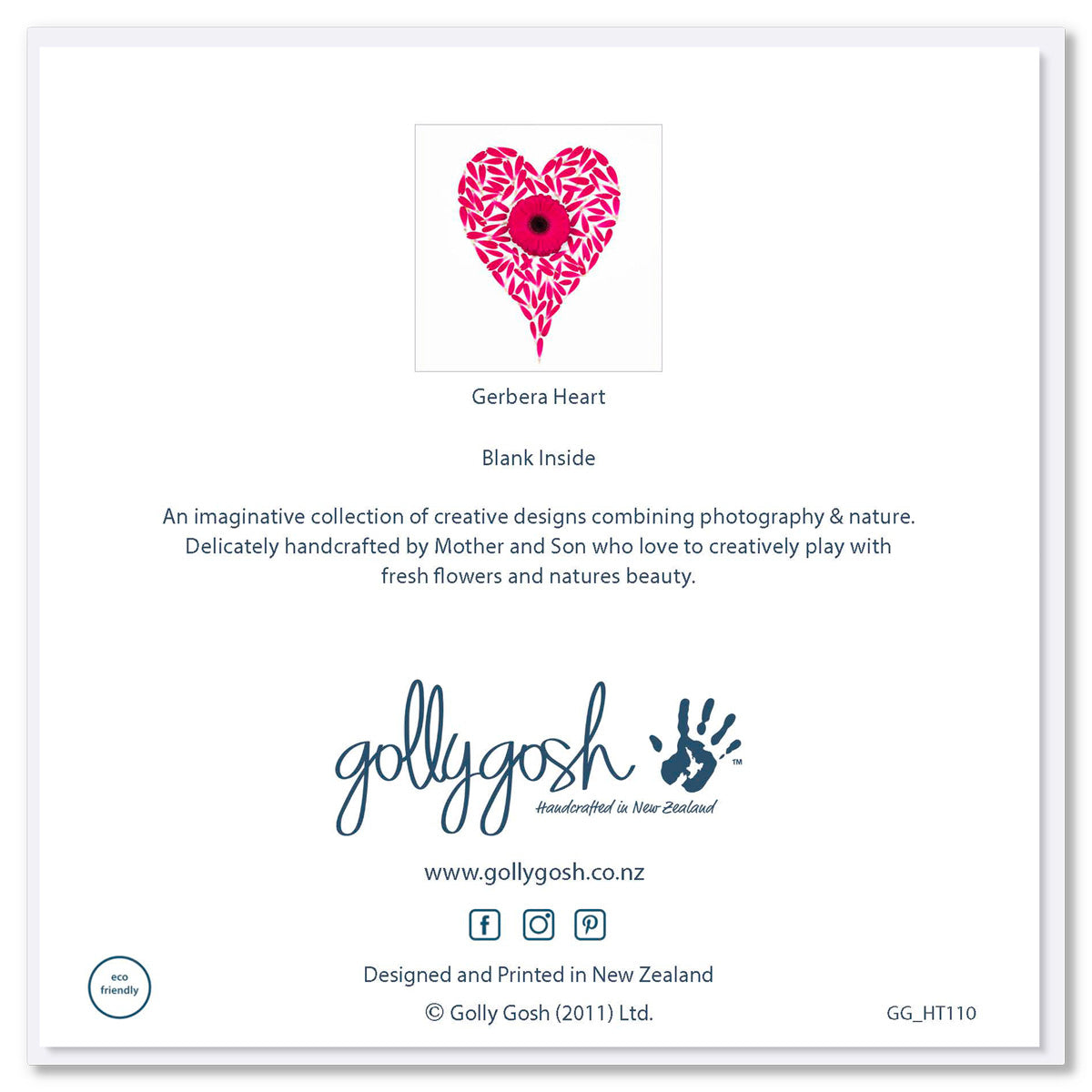Back of a square gerbera heart greeting card from Golly Gosh Creations. Crafted from bright pink gerbera petals and flower.