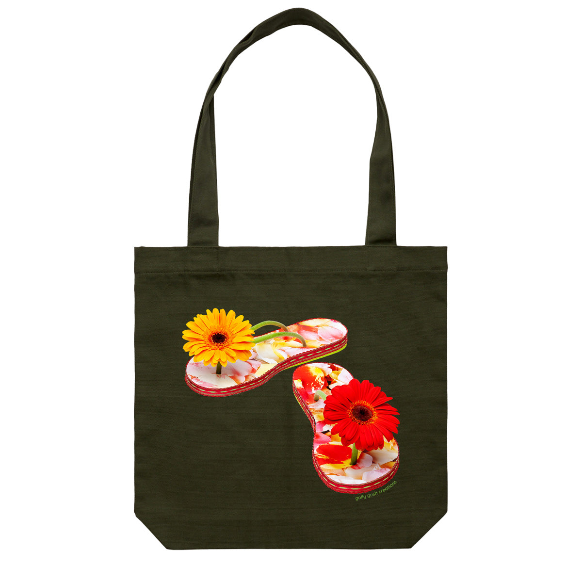 A gerbera jandals cotton canvas tote bag from Golly Gosh Creations. Crafted from colourful gerbera flowers. Colour dark green.
