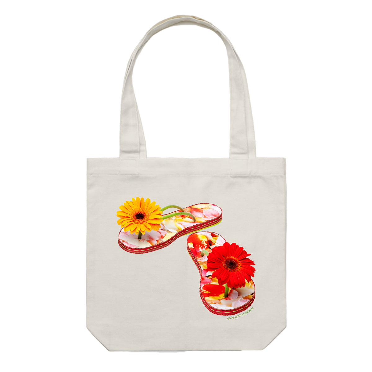A gerbera jandals cotton canvas tote bag from Golly Gosh Creations. Crafted from colourful gerbera flowers. Colour cream.