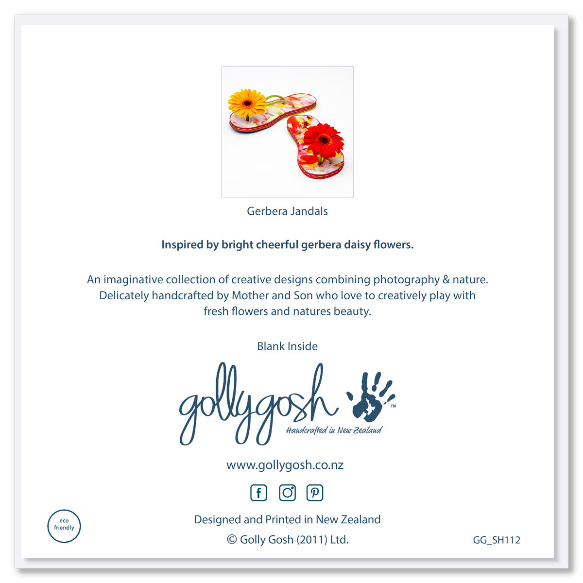 The back cover of a square gerbera jandals greeting card from Golly gosh Creations. Created from vibrant gerbera daisies.