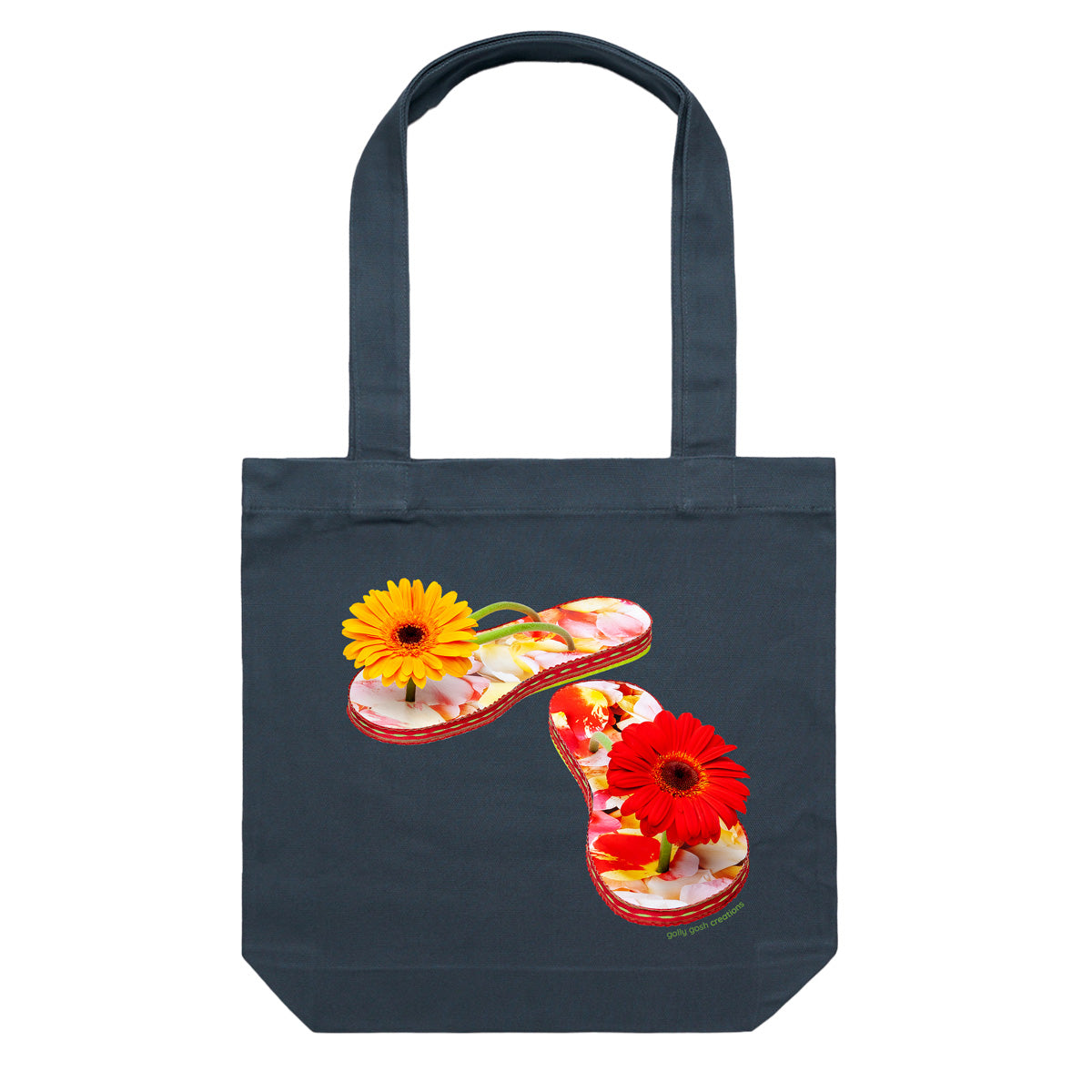 A gerbera jandals cotton canvas tote bag from Golly Gosh Creations. Crafted from colourful gerbera flowers. Colour dark blue.