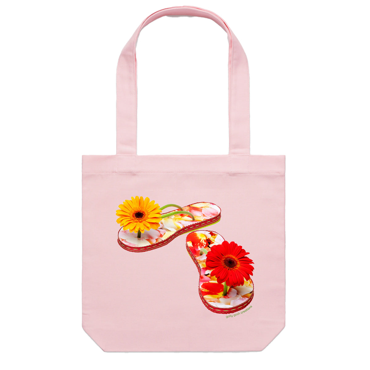 A gerbera jandals cotton canvas tote bag from Golly Gosh Creations. Crafted from colourful gerbera flowers. Colour pink.