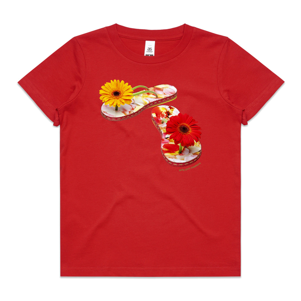 A gerbera jandals red kids tee shirt from Golly Gosh Creations. Size 2 - 16 years. Handcrafted from fresh gerbera flowers. A quality cotton garment.