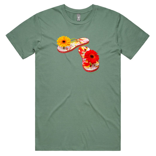 A gerbera jandals men's tee shirt from Golly Gosh Creations. Handcrafted from fresh flowers. Sizes S - 5XL. A quality cotton sage coloured tee shirt.