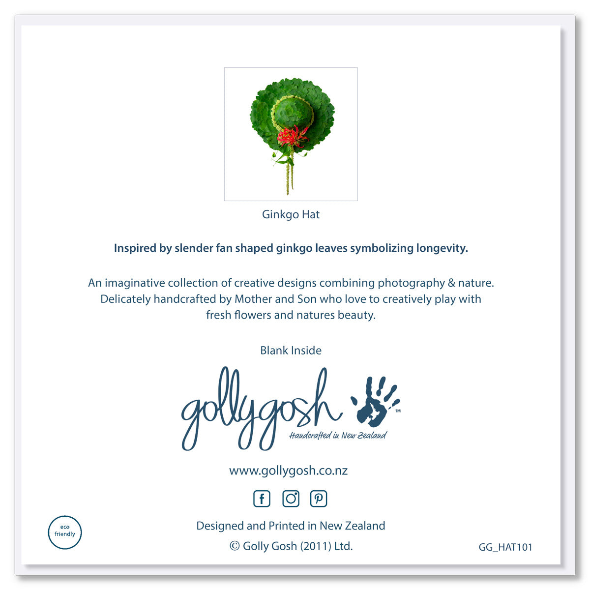 Back cover of a ginkgo hat greeting card from Golly Gosh Creations. Created from lush green fan shaped ginkgo leaves. Size 142 x 142 mm.