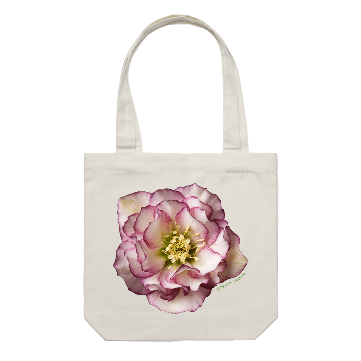 A helleborus flower cotton canvas tote bag by Golly Gosh Creations. Colour cream.