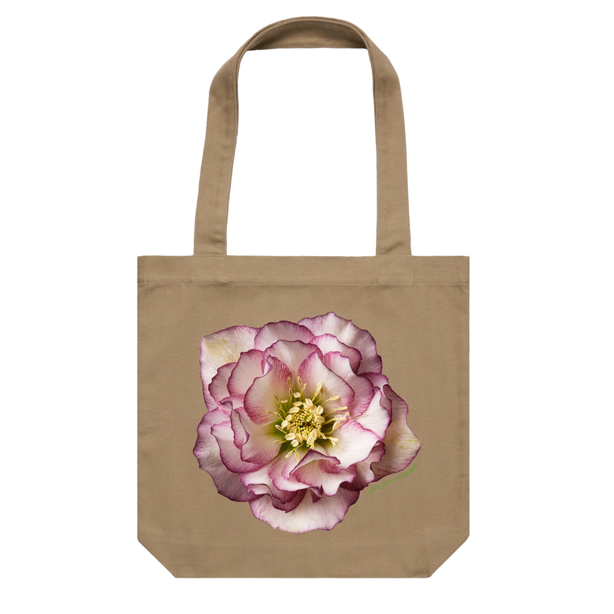 A helleborus flower cotton canvas tote bag by Golly Gosh Creations. Colour khaki.
