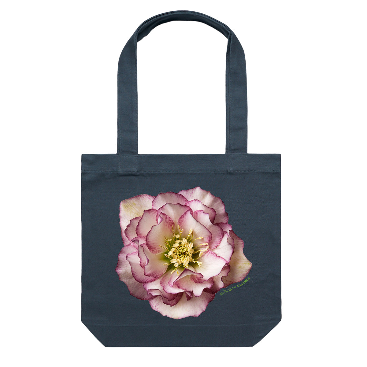 A helleborus flower cotton canvas tote bag by Golly Gosh Creations. Colour dark blue.