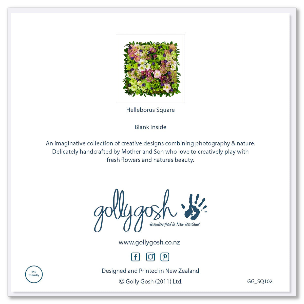 Back of a helleborus square greeting card from Golly Gosh Creations. A pretty tapestry arrangement of helleborus flowers.