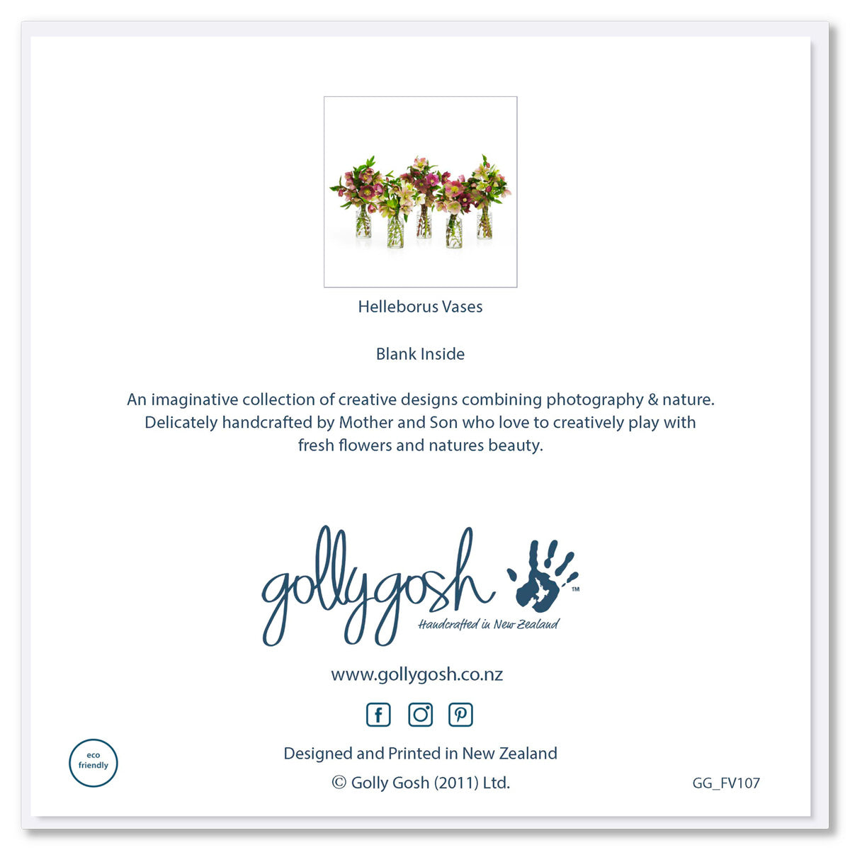 Back cover of a helleborus vases greeting card found at Golly Gosh Creations. A quality square card.