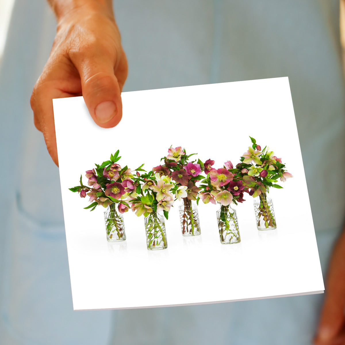 A hand held helleborus vases greeting card from Golly Gosh Creations. A decorative display of helleborus flowers. Size 142 x 142 mm.