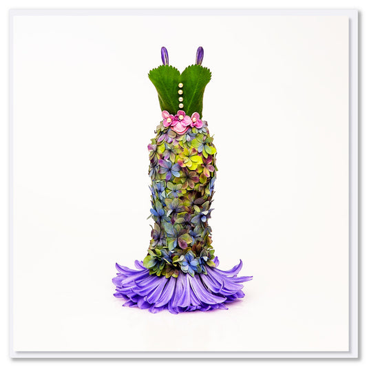 An elegant hydrangea dress greeting card from Golly Gosh Creations. Size 142 x 142 mm. Created from dainty hydrangea petals on a white background.