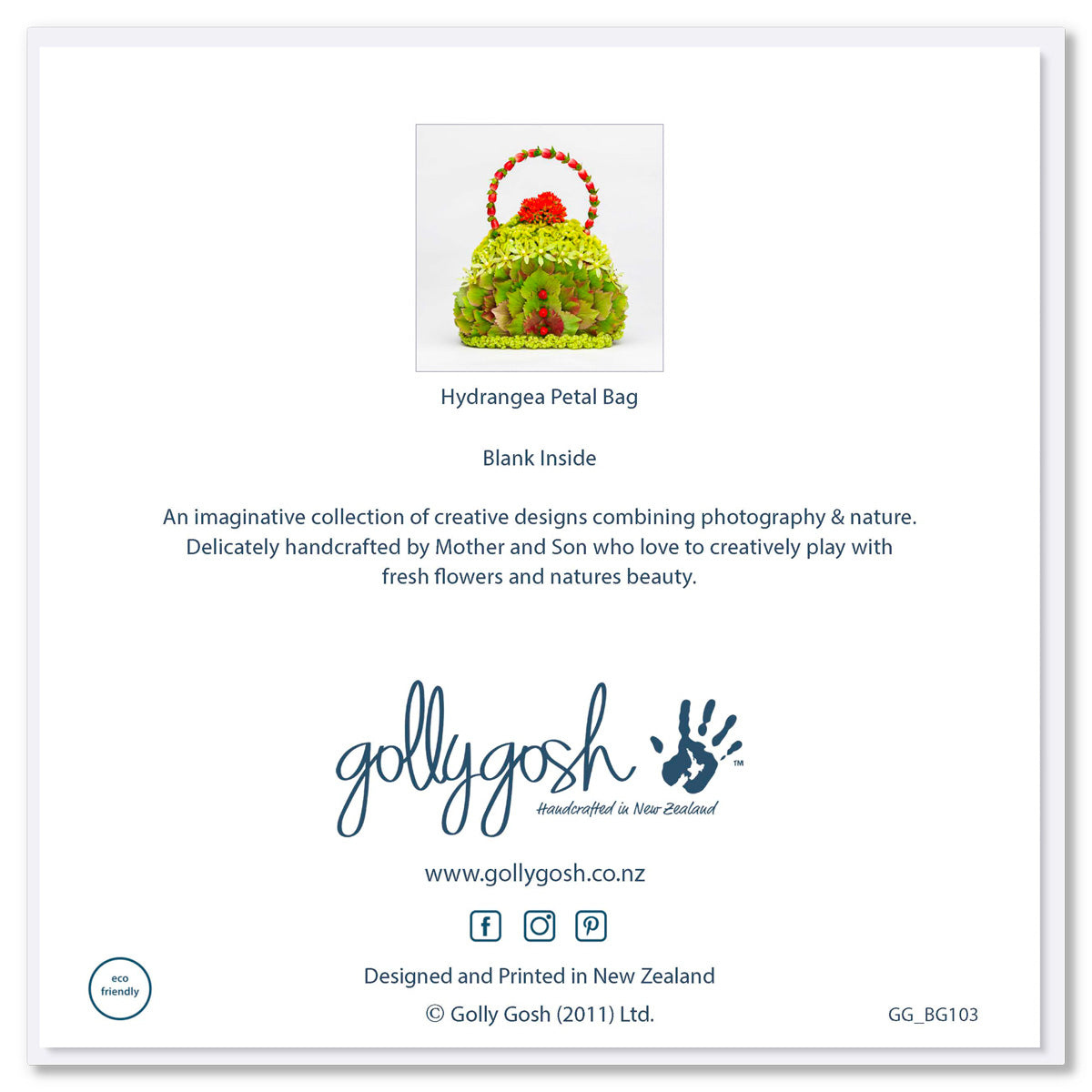 Back of a hydrangea petal greeting card from Golly Gosh Creations. A quality square card created from luxurious green hydrangea petals.