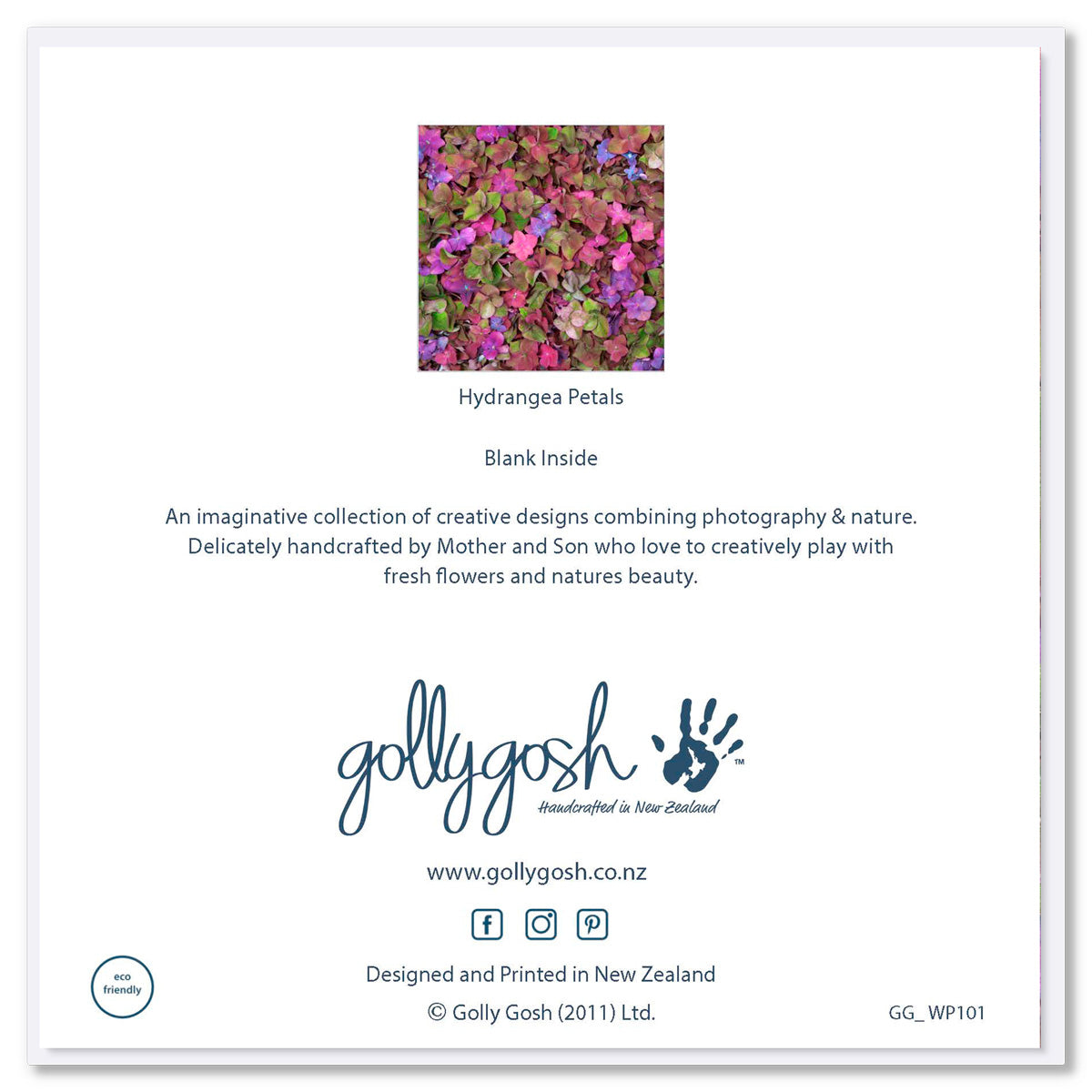 Back of a hydrangea petal greeting card from Golly Gosh Creations. A beautiful arrangement of pink, purple & green hydrangea petals. Size 142 x 142 mm