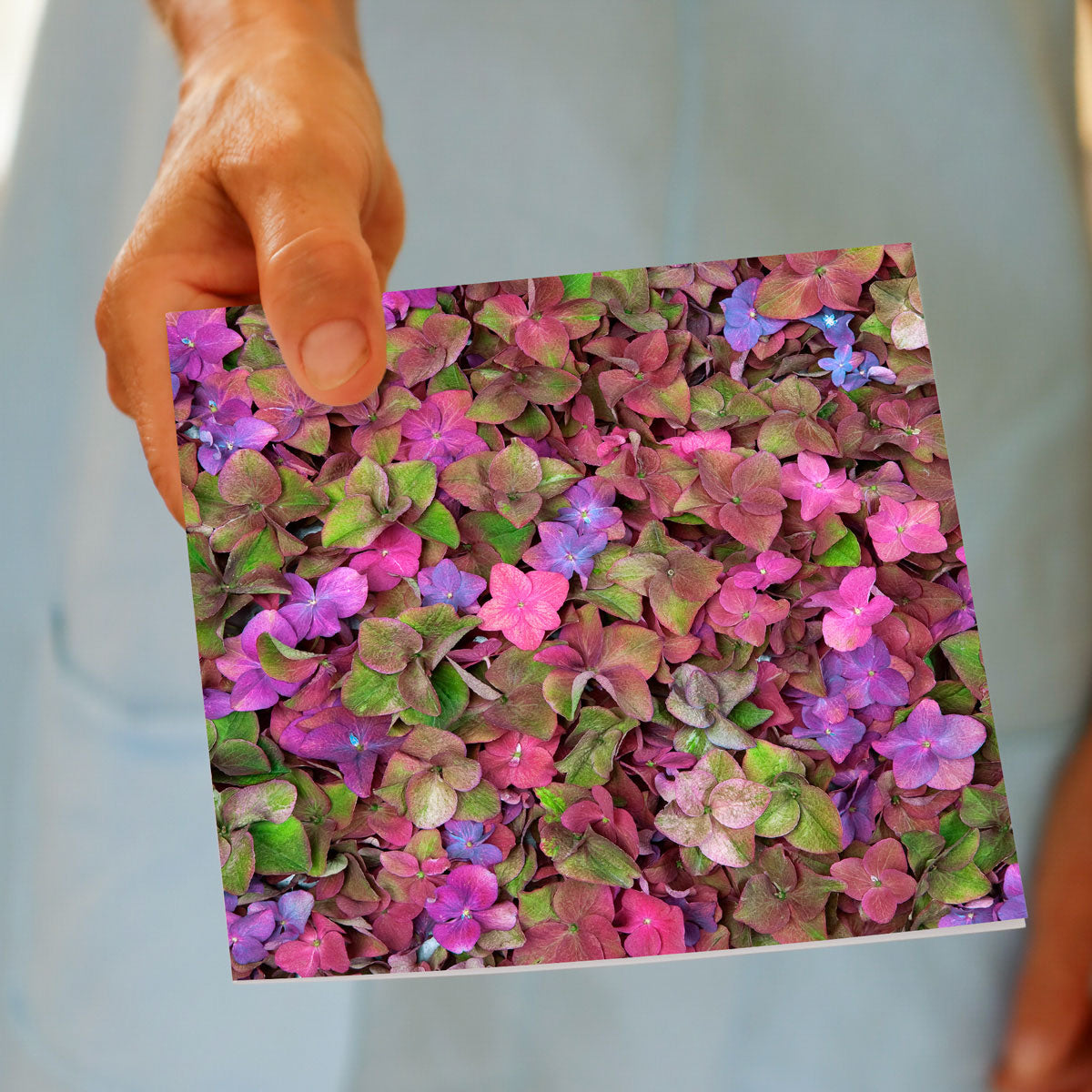 A hand held hydrangea petal greeting card from Golly Gosh Creations. A quality square card with a beautiful arrangement of hydranea petals.