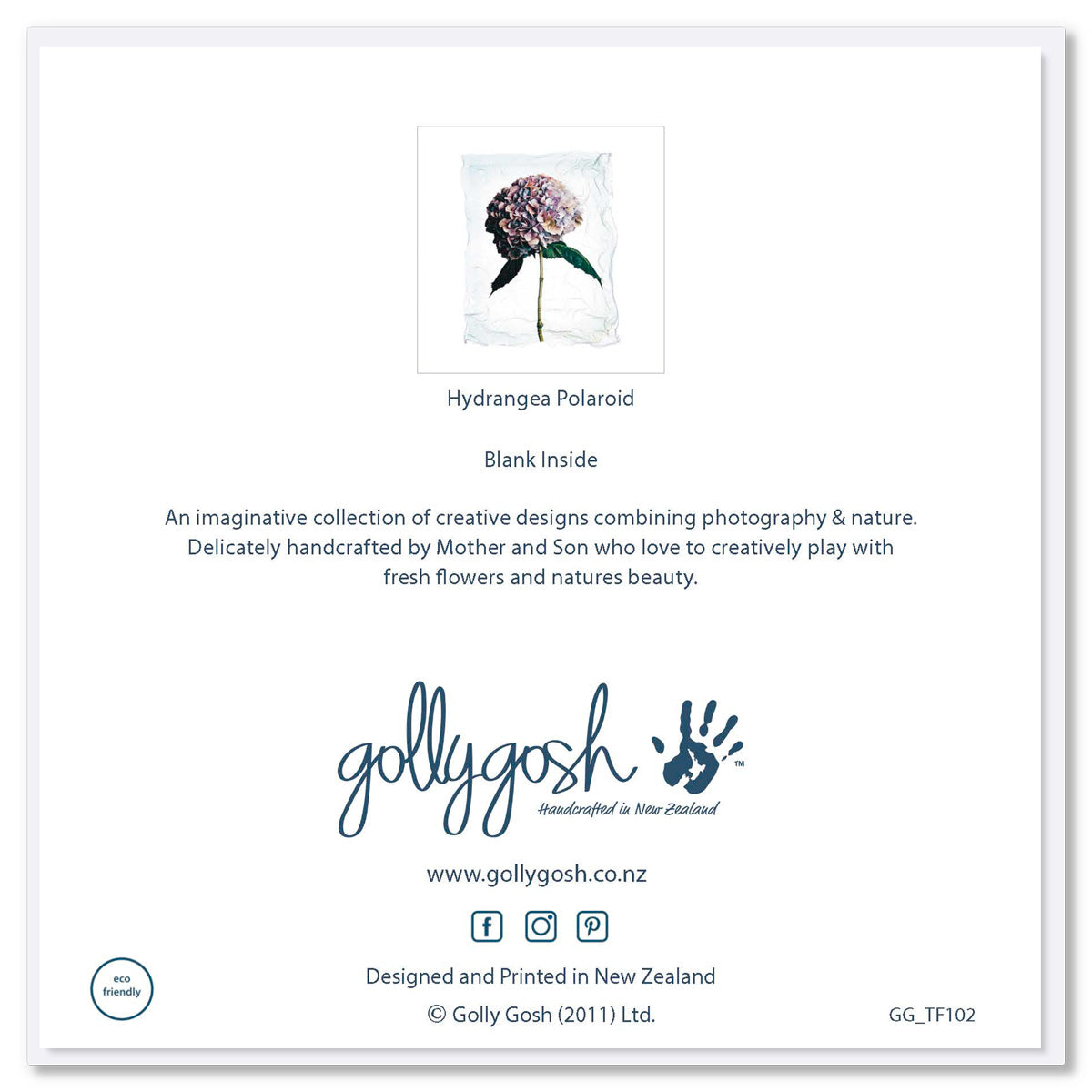 Back of a hydrangea polaroid greeting card found at Golly gosh Creations. A quality square card with a sophisticated technique of Polaroid emulsion lift.