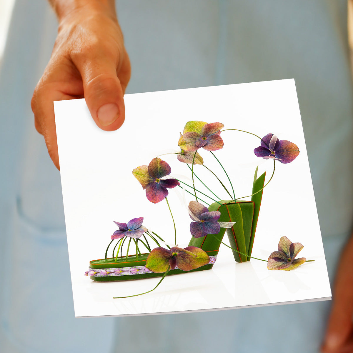 A hydrangea sandal greeting card created from variegated hydrangeas. This quality square card is found at Golly Gosh Creations.