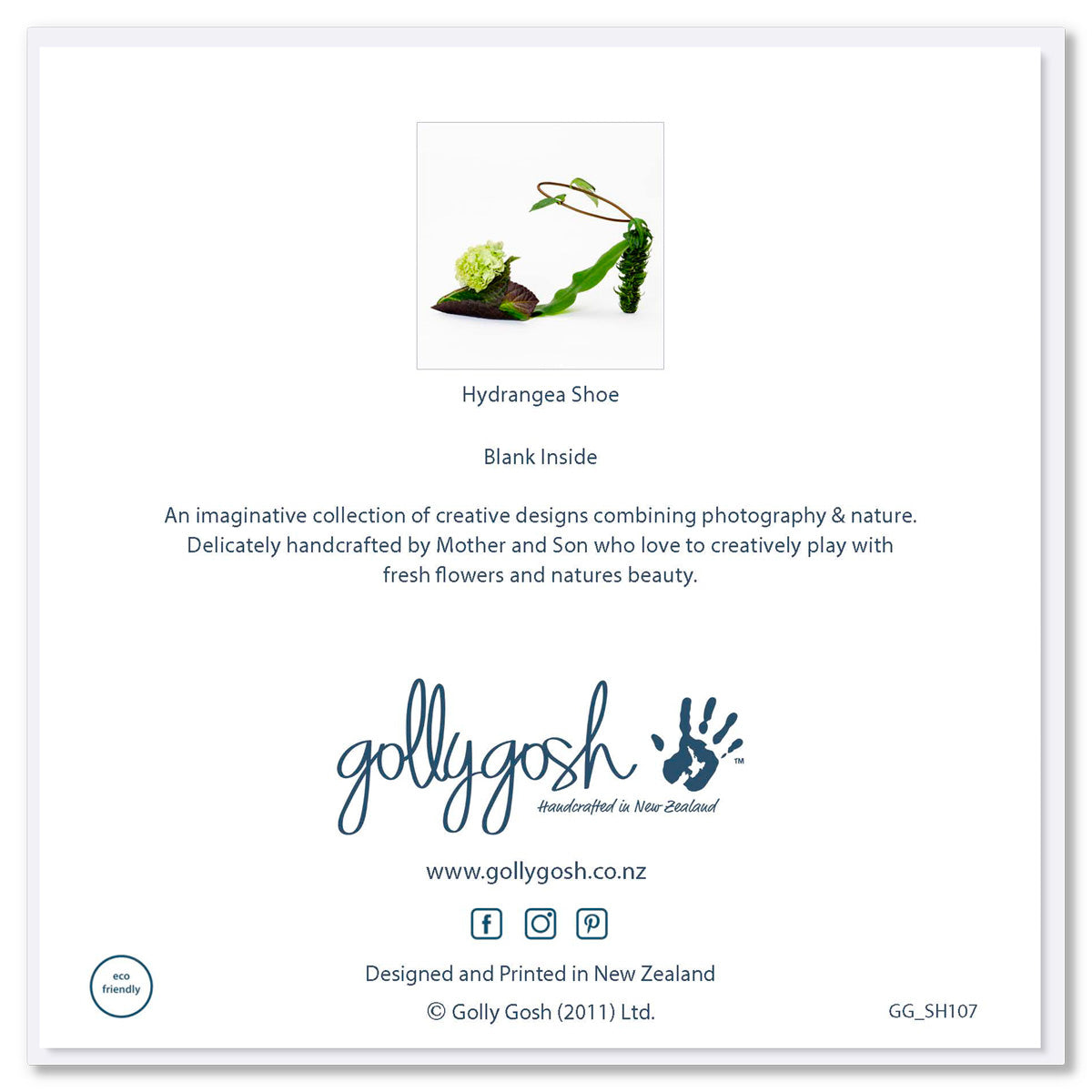 Back cover of a hydrangea shoe greeting card from Golly Gosh Creations. A generous quality square card.