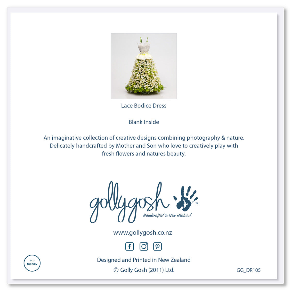 Back of Golly Gosh Lace Bodice Dress greeting card displaying floral dress design, blank inside note, description of handcrafted Mother and Son collection, branding, website and social details, and eco-friendly certification.