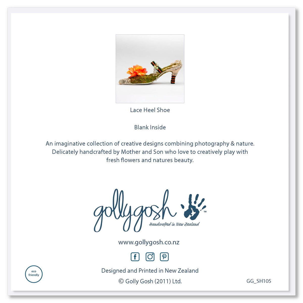 Back cover of a lace heel shoe from Golly Gosh Creations. An exquisite generous square card.