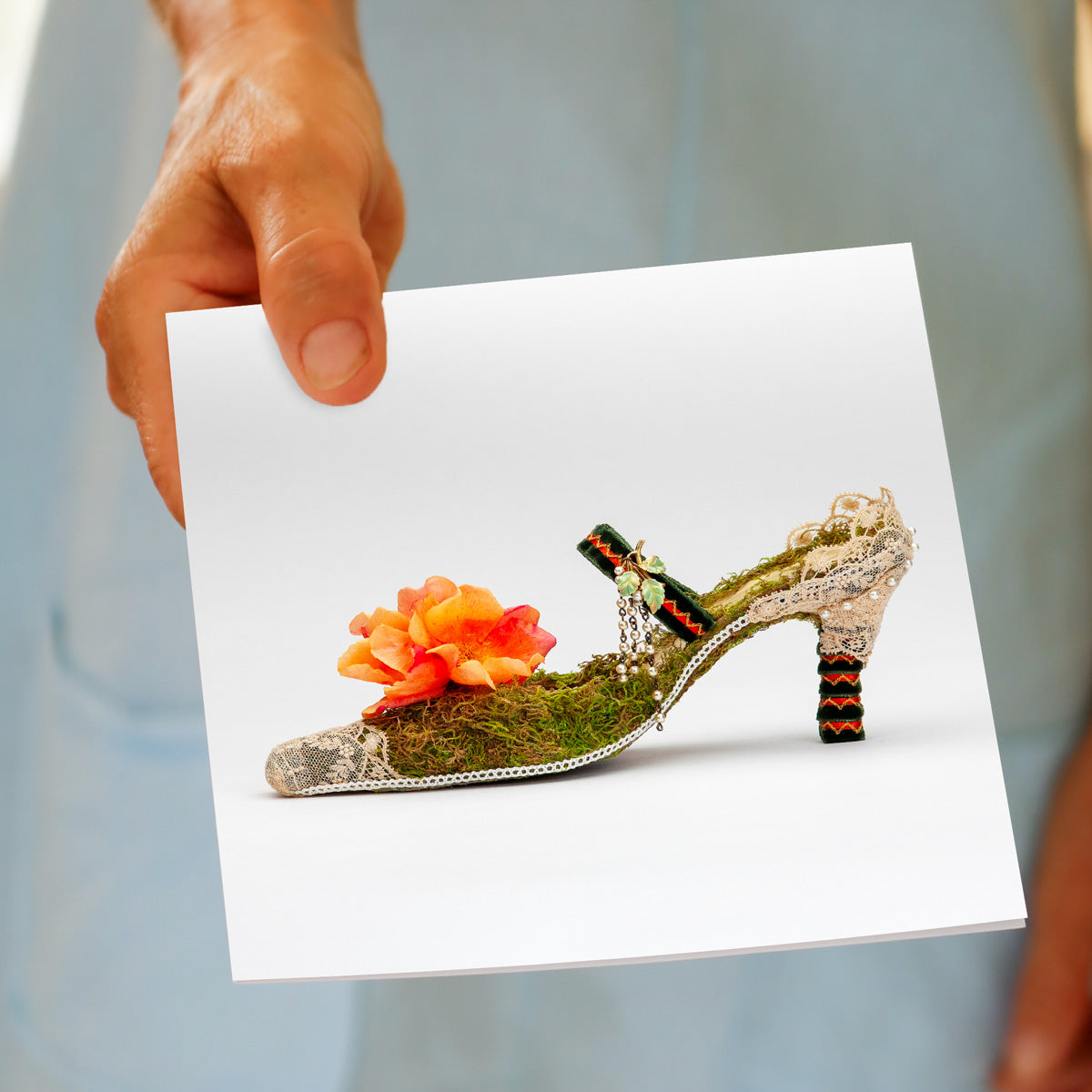 A lace heel shoe greeting card being held by hand. Found at Golly Gosh Creations. Size 142 x 142 mm