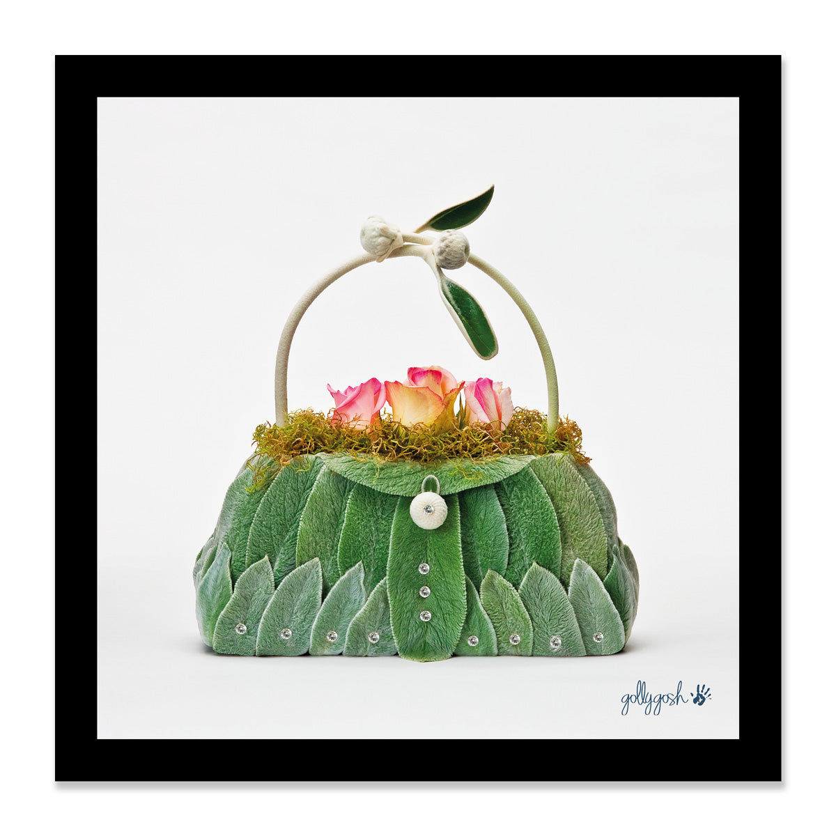 Mock up of a framed lambs ear bag fine art print from Golly Gosh Creations. Available in three sizes ready for framing.