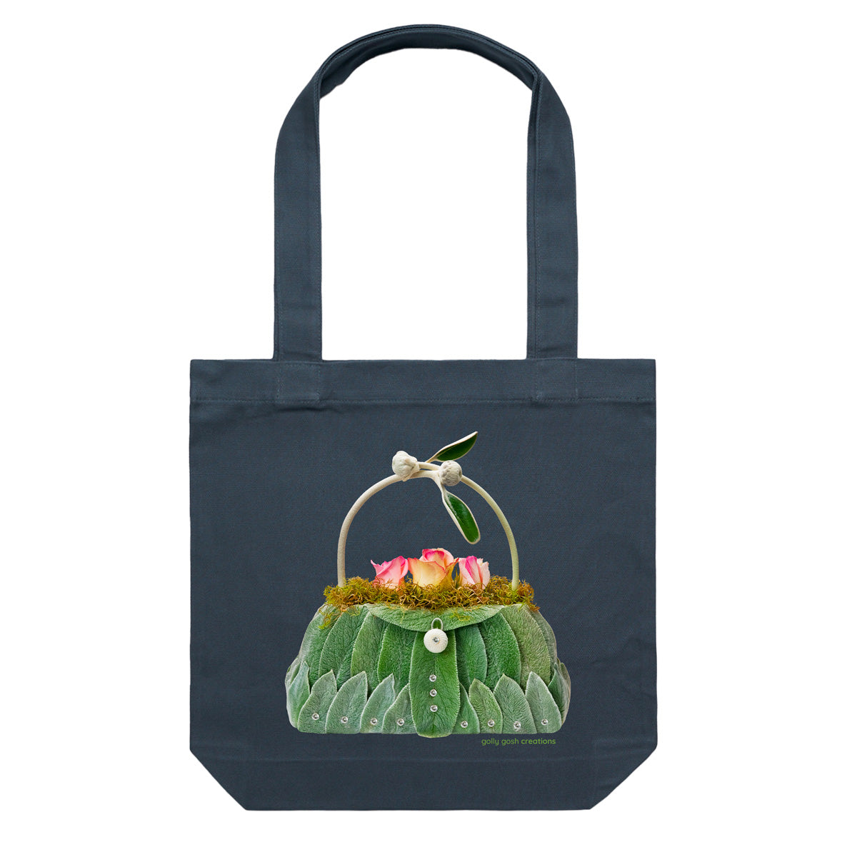 A quality cotton canvas tote bag from Golly Gosh Creations. Created from soft velvety lambs ear leaves with pretty flowers. Colour dark blue.