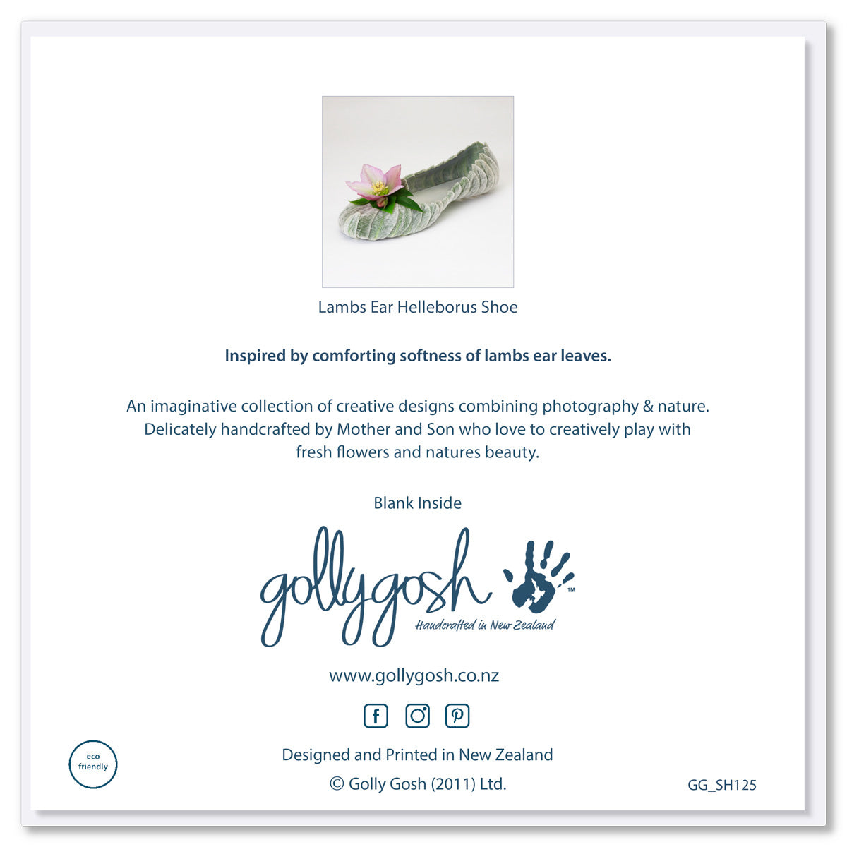 Back of a lambs ear helleborus shoe greeting card from Golly Gosh Creations. Size 142 x 142 mm.