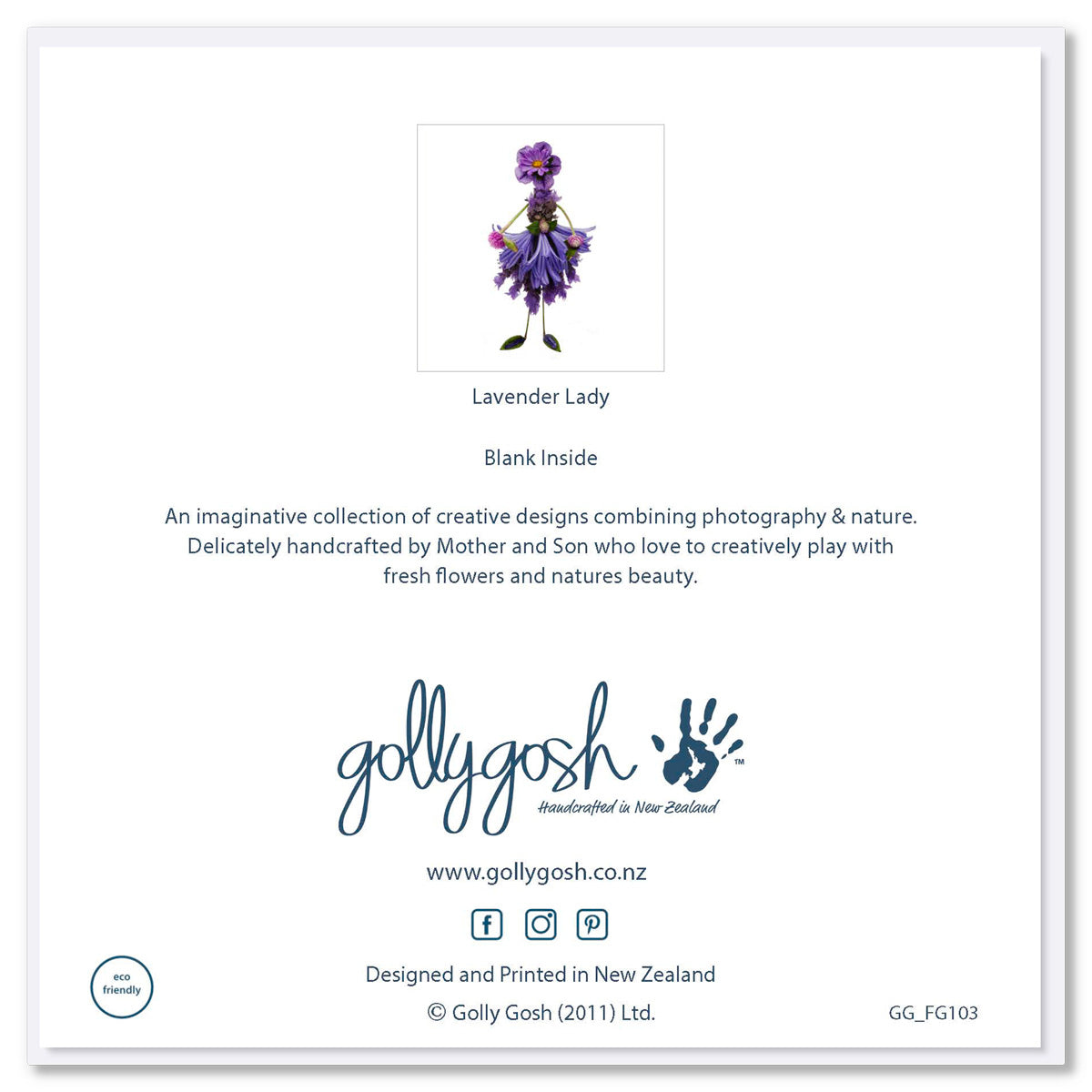 The back of a lavender lady greeting card from Golly Gosh Creations. A generous square card created from fresh lavender.