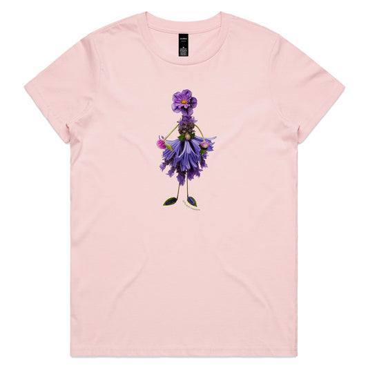 A lavender lady soft pink woman's tee shirt from Golly Gosh Creations. Sizes XS - 2XL. Created from fresh flowering lavender flowers. Quality cotton.