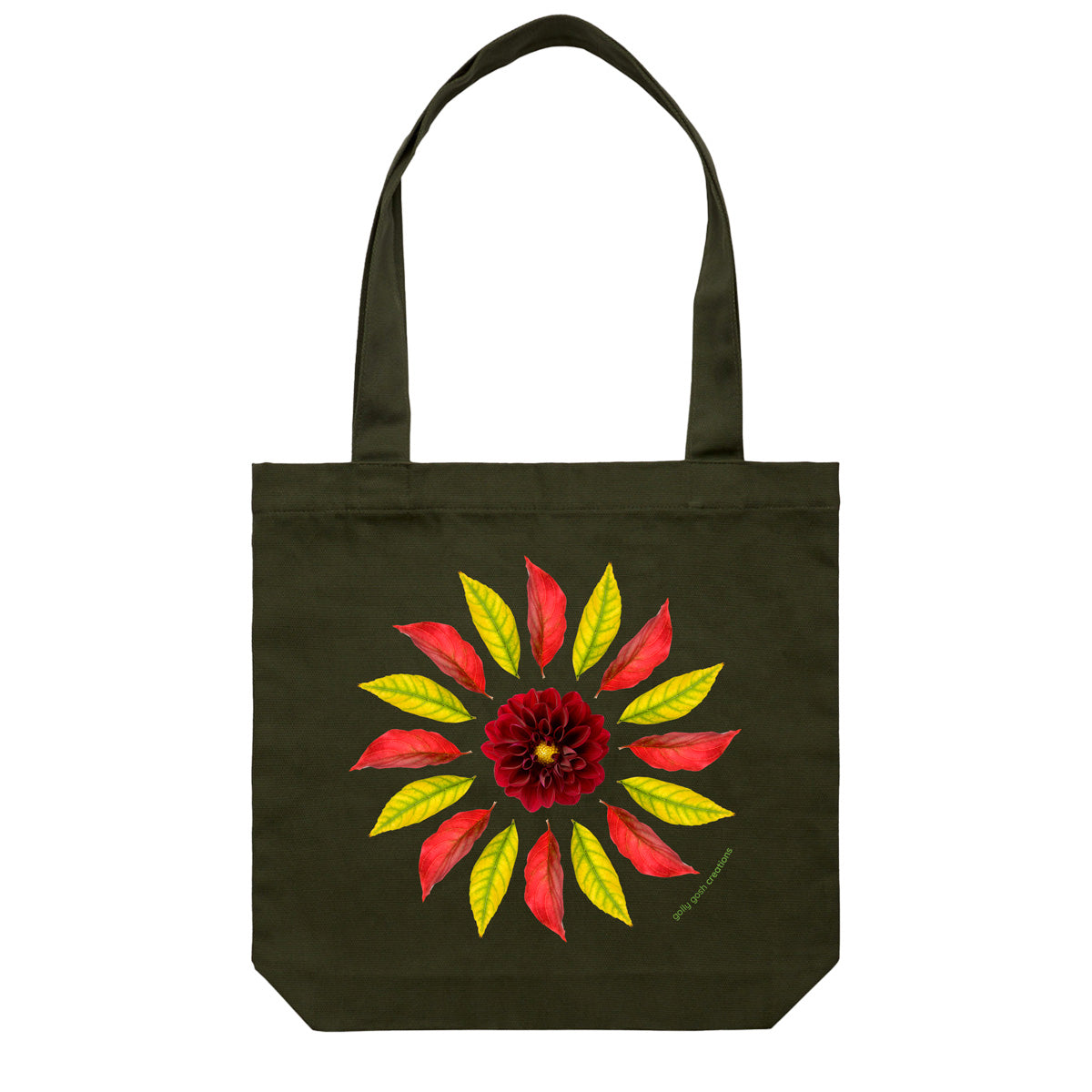 A strong cotton canvas tote bag featuring a beautiful leaf circle design by Golly Gosh Creations. Colour dark green.