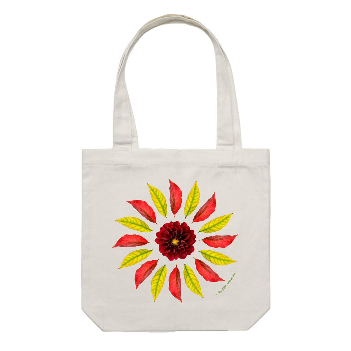 A strong cotton canvas tote bag featuring a beautiful leaf circle design by Golly Gosh Creations. Colour cream.