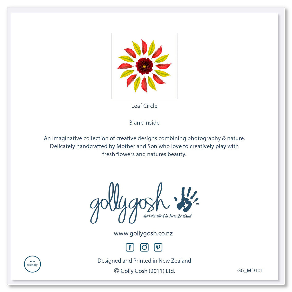 Back of a leaf circle greeting card from Golly Gosh Creations. Size 142 x 142 mm.