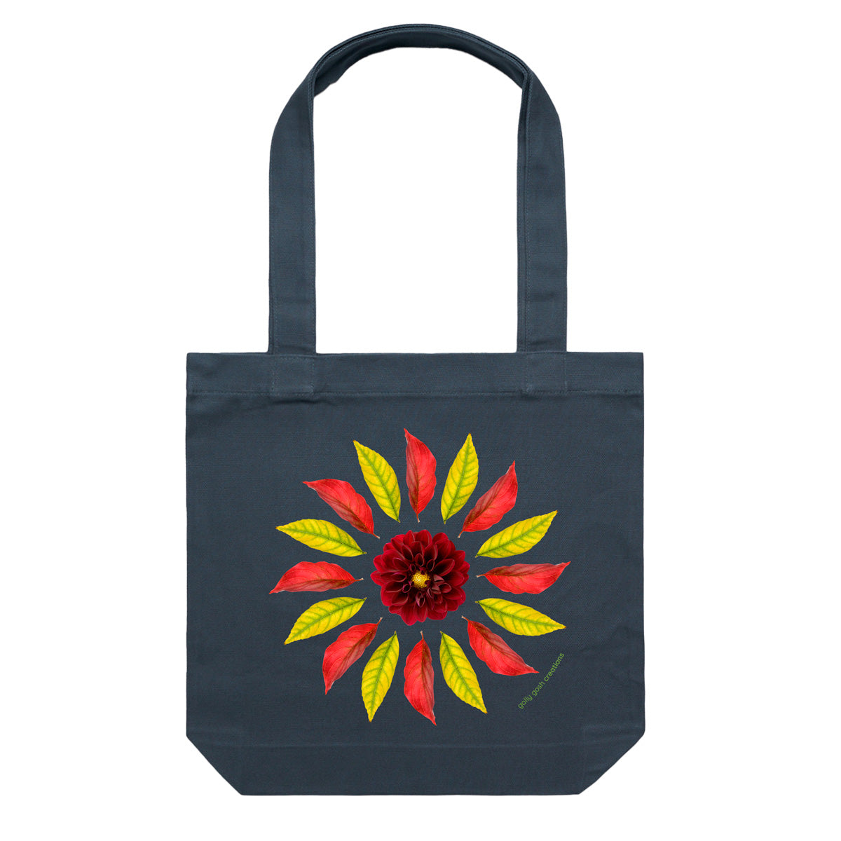 A strong cotton canvas tote bag featuring a beautiful leaf circle design by Golly Gosh Creations. Colour blue.