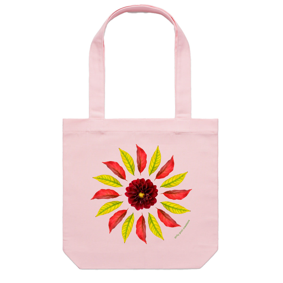 A strong cotton canvas tote bag featuring a beautiful leaf circle design by Golly Gosh Creations. Colour pink.