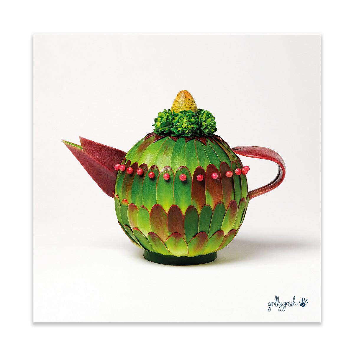 A leucadendron teapot fine art print from Golly Gosh Creations. Crafted from vibrant leaves. Printed on quality white art paper. Three sizes available.