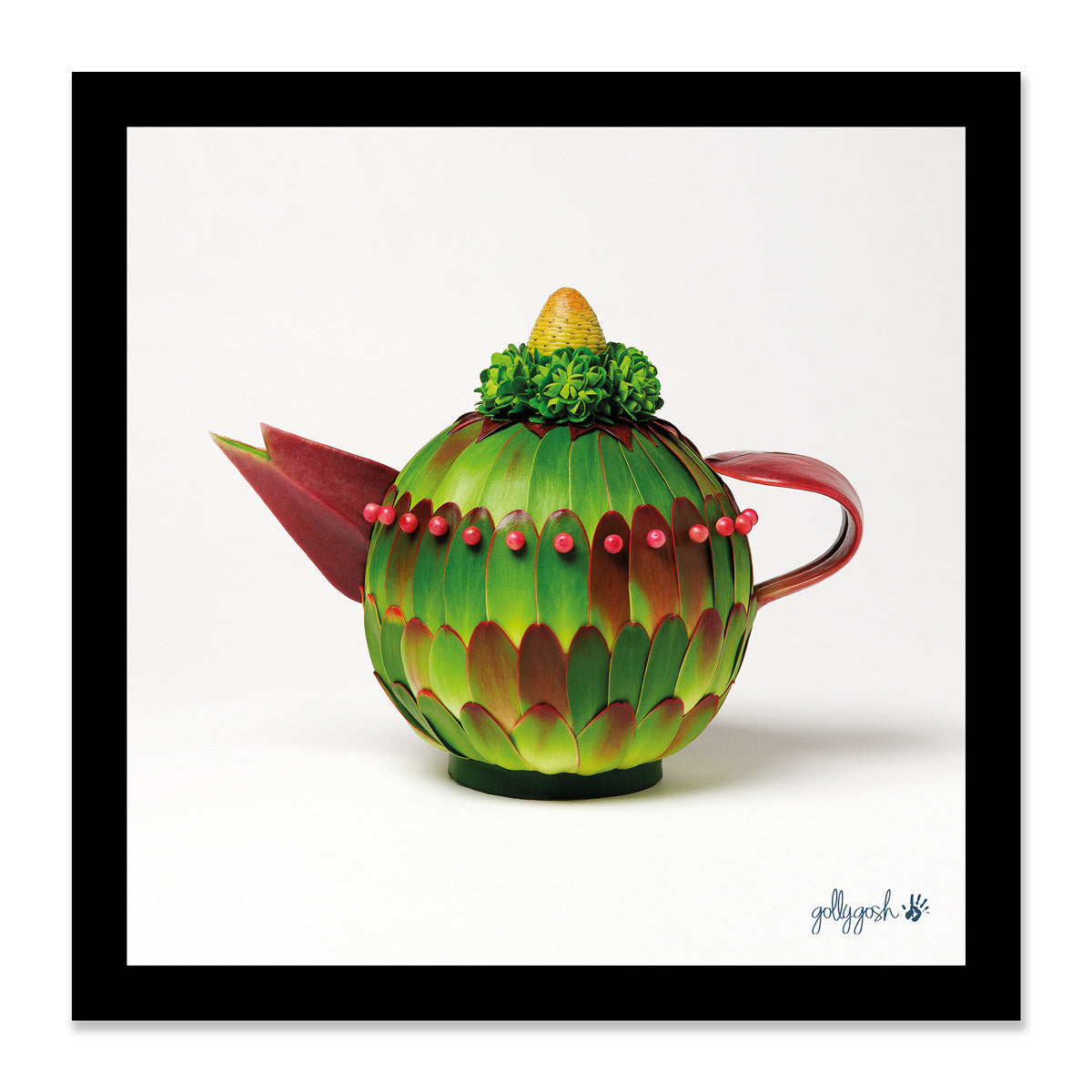 Mock up of a framed leucadendron teapot fine art print from Golly Gosh Creations. Available in three sizes ready for framing.