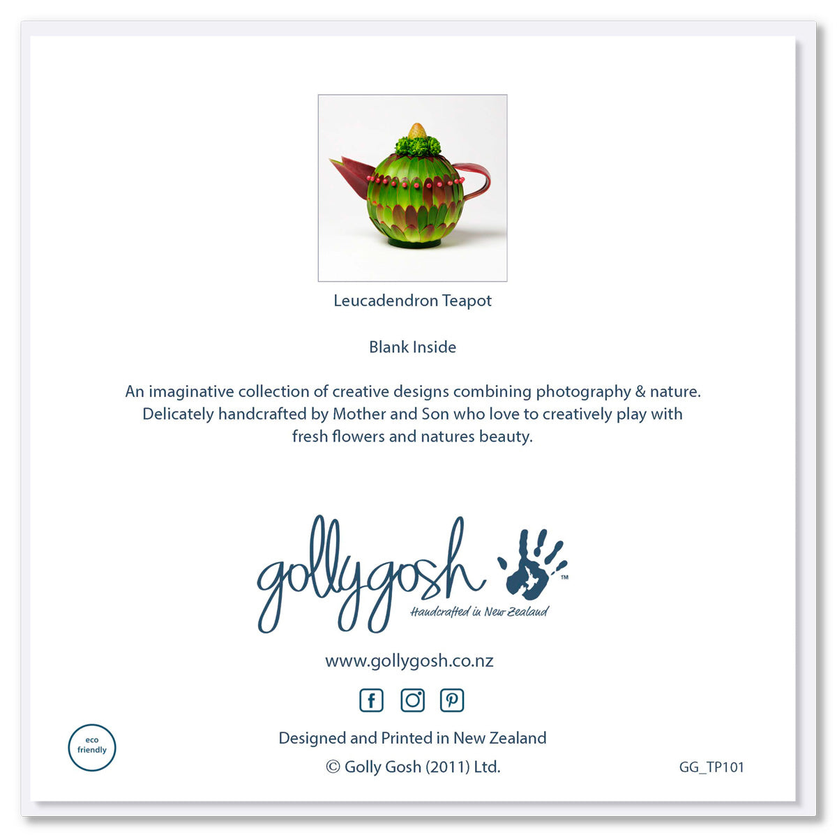 Back of leucadendron greeting card from Golly Gosh Creations. A generous square card created from lush leucadendron leaves.