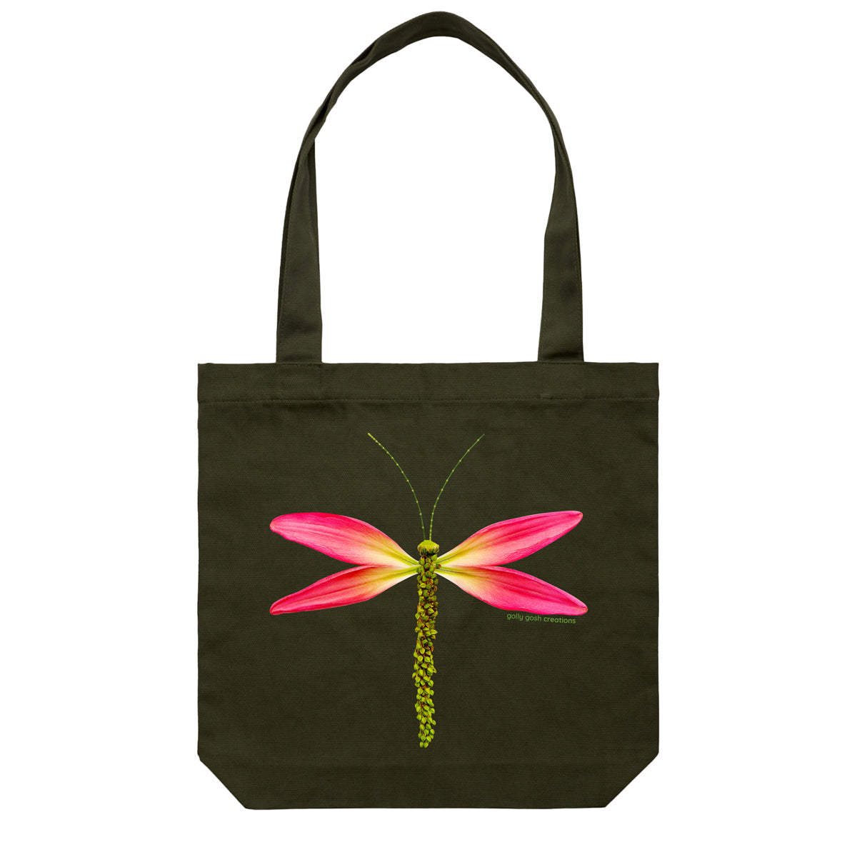 A lily dragonfly cotton canvas tote bag from Golly Gosh Creations. Handcrafted from elongated pink lily petals. Colour dark green.