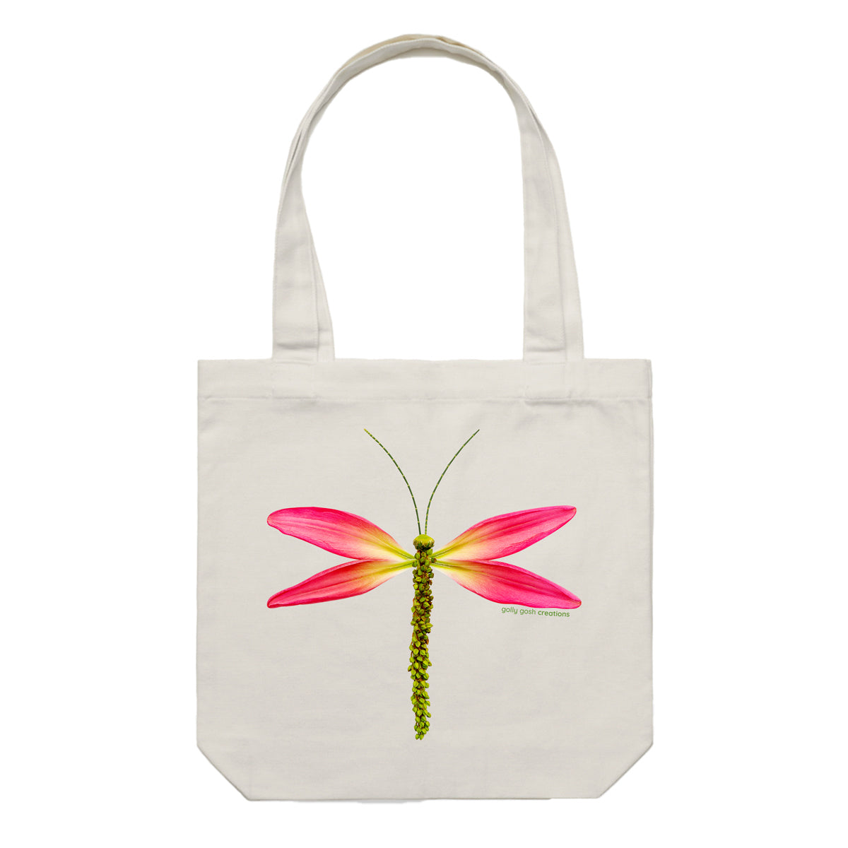 A lily dragonfly cotton canvas tote bag from Golly Gosh Creations. Handcrafted from elongated pink lily petals. Colour cream.