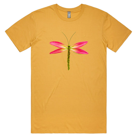A lily dragonfly mustard coloured men's tee shirt from Golly Gosh Creations. Handcrafted from vibrant lily petals. Sizes XS - 2XL. Quality cotton.
